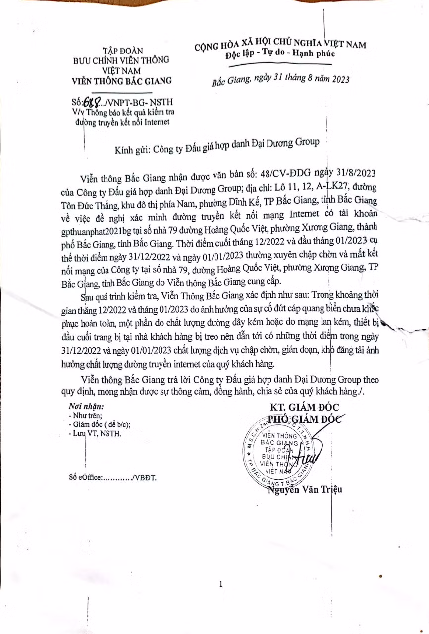 Viên thông Bắc Giang có văn bản trả lời Công ty đấu giá hợp danh Đại Dương Group về kết quả kiểm tra đường truyền kết nối Internet