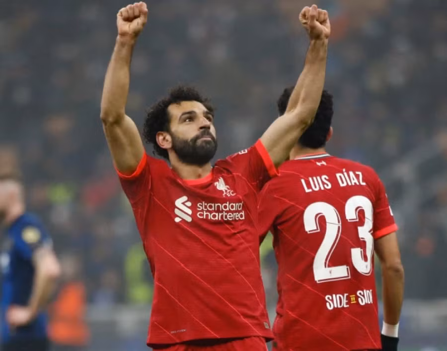 Salah mừng bàn thắng vào lưới Inter Milan hôm 17/2, đây là trận thứ 8 liên tiếp anh ghi bàn sân khách tại Champions League.