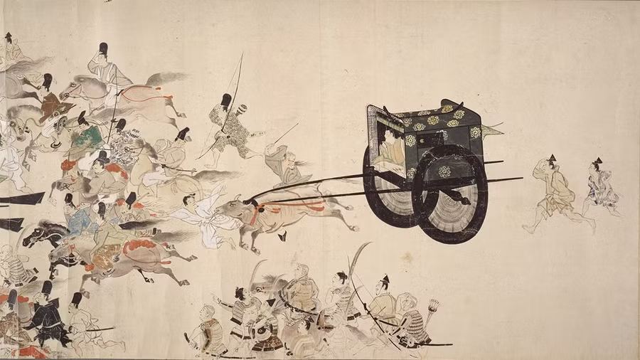 Một trang trong truyện cổ Heiji monogatari emaki, cho thấy có kamon trên xe của quý tộc tham chiến Trận Genpei (1180 - 1185). Ảnh: Thư viện Quốc hội Nhật Bản Một trang trong truyện cổ Heiji monogatari emaki, cho thấy có kamon trên xe của quý tộc tham chiến Trận Genpei (1180 - 1185). Ảnh: Thư viện Quốc hội Nhật Bản