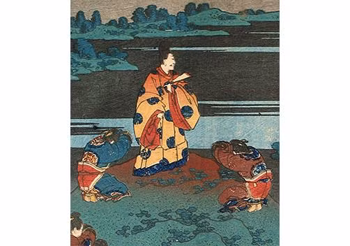 Tranh vẽ Abe-no Nakamaro mặc quốc phục Nhật Bản trong loạt tranh khắc gỗ kiểu ukiyo-e của Hokusai. Nguồn: Scholten-Japanese-Art.
