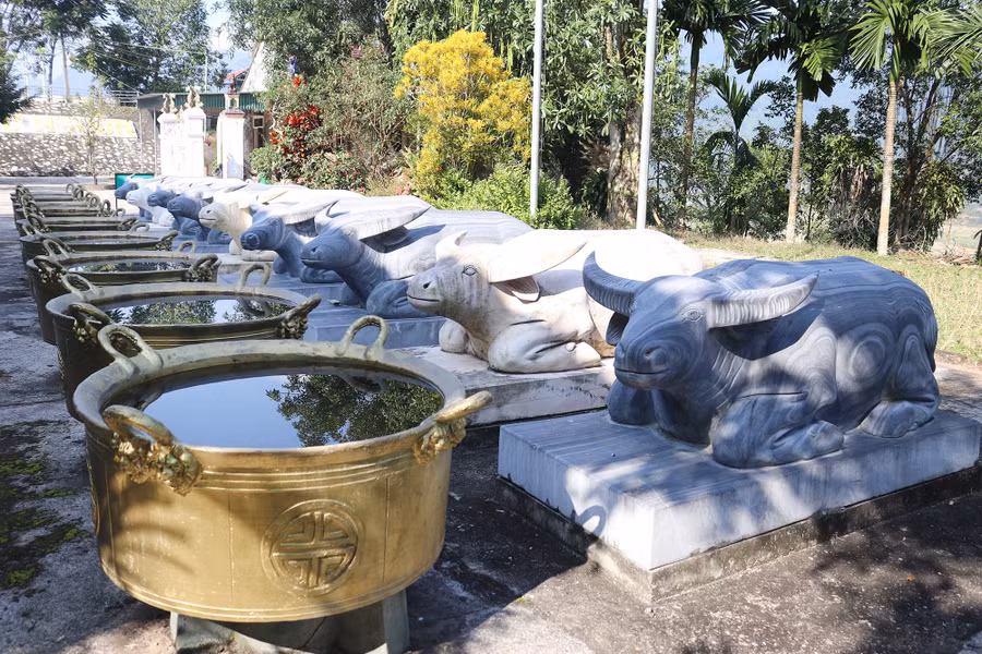 Tượng 9 con trâu làm bằng đá, 9 vạc đựng nước phục vụ lễ tế. Tượng 9 con trâu làm bằng đá, 9 vạc đựng nước phục vụ lễ tế.