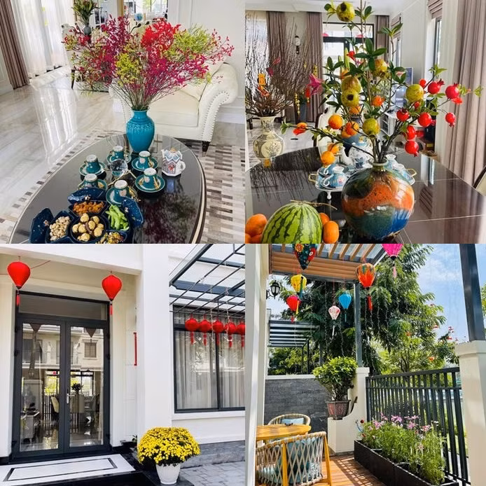 Mọi góc biệt thự của Thanh Vân Hugo đều được trang hoàng cẩn thận với đèn lồng đầy đủ màu sắc rực rỡ cùng hoa, quả,... rộn ràng không khí Tết.