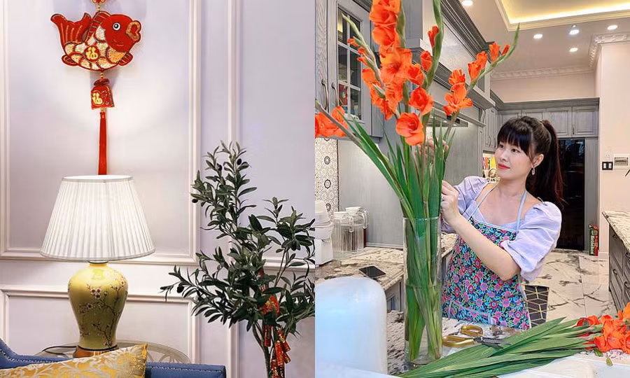 Khắp nơi của căn nhà được Thủy Anh chăm chút trang trí, cô tự tay cắm hoa lay ơn cho ngày Tết rực rỡ.