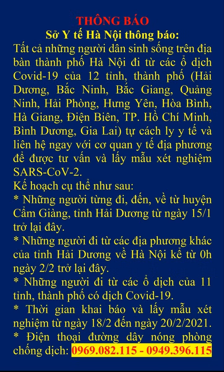 Hà Nội thông báo kế hoạch xét nghiệm SARS-CoV-2 cho người về từ 12 tỉnh thành ảnh 1