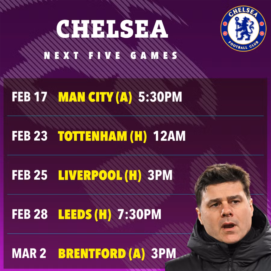 Lịch thi đấu 5 trận sắp tới của Chelsea. Lịch thi đấu 5 trận sắp tới của Chelsea.