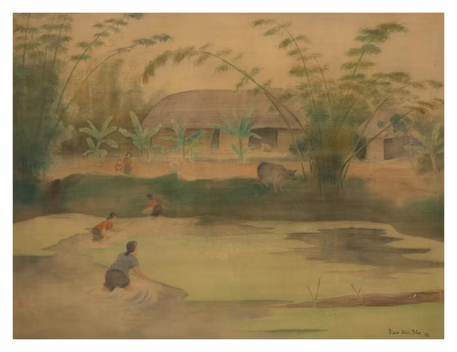 Tác phẩm 'Ao bèo dâu' của Trần Đình Thọ, lụa, 1973.