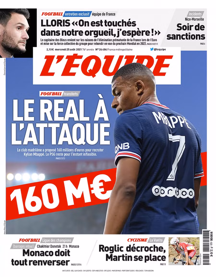 Trang bìa của tờ L"Equipe về thương vụ Mbappe.