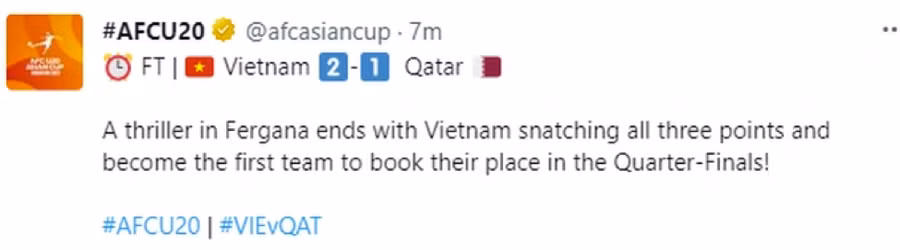 Trang chủ AFC nhầm lẫn nên đã chúc mừng U20 Việt Nam trở thành đội đầu tiên vào tứ kết U20 châu Á 2023. Trang chủ AFC nhầm lẫn nên đã chúc mừng U20 Việt Nam trở thành đội đầu tiên vào tứ kết U20 châu Á 2023.