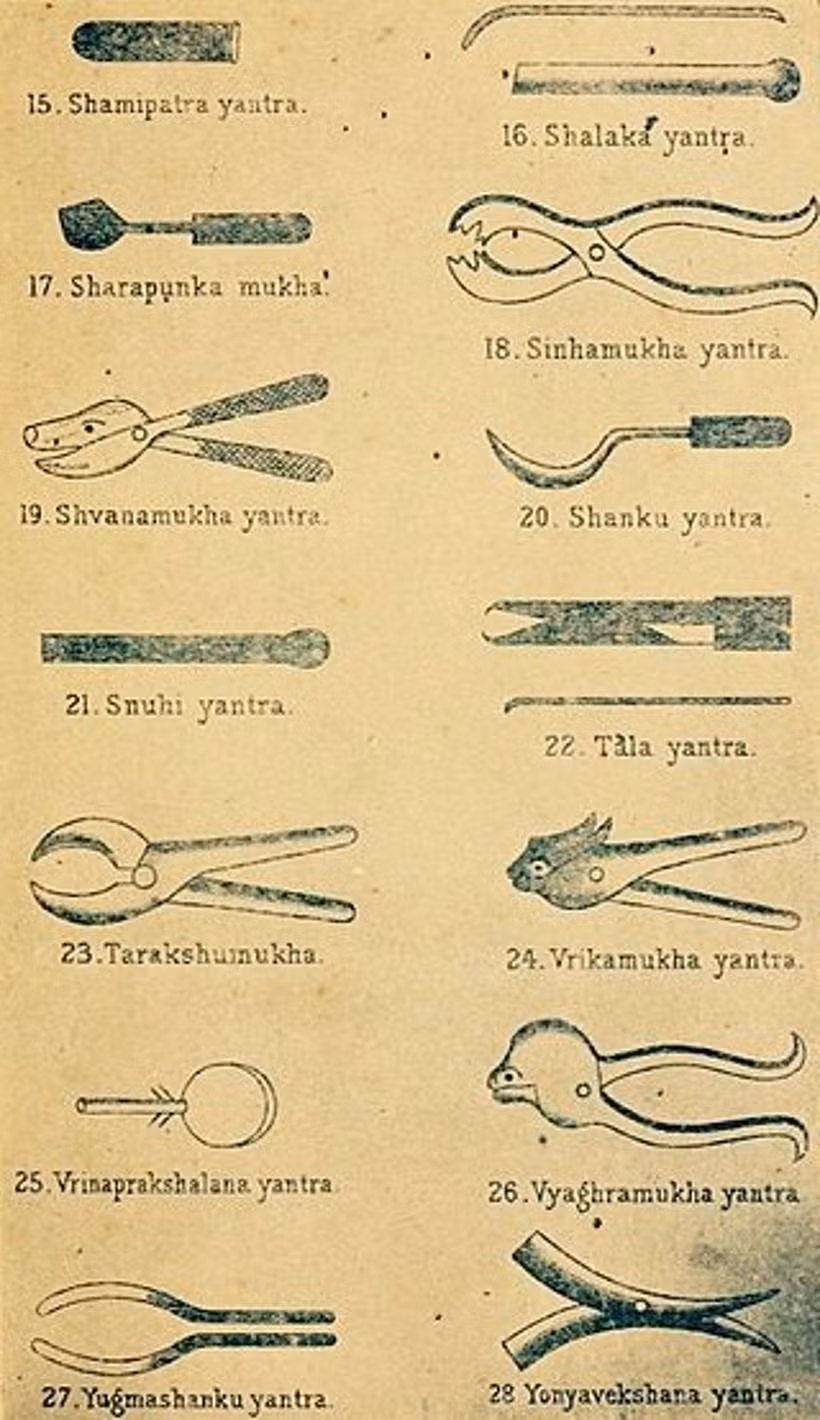 Những dụng cụ phẫu thuật do Sushruta tự chế. Những dụng cụ phẫu thuật do Sushruta tự chế.