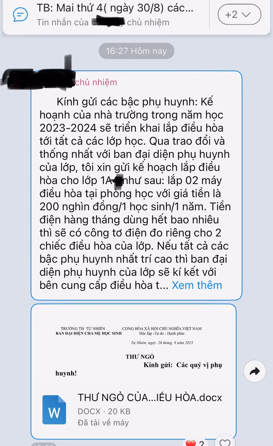 Thư ngỏ và ý kiến phụ huynh về khoản thu đầu năm học.