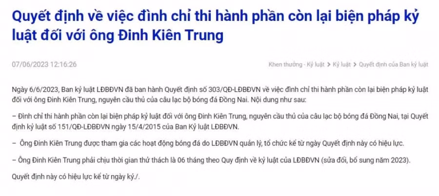 Quyết định mới nhất liên quan đến cựu cầu thủ Đinh Trung Kiên bán độ ở V.League 2014. Quyết định mới nhất liên quan đến cựu cầu thủ Đinh Trung Kiên bán độ ở V.League 2014.