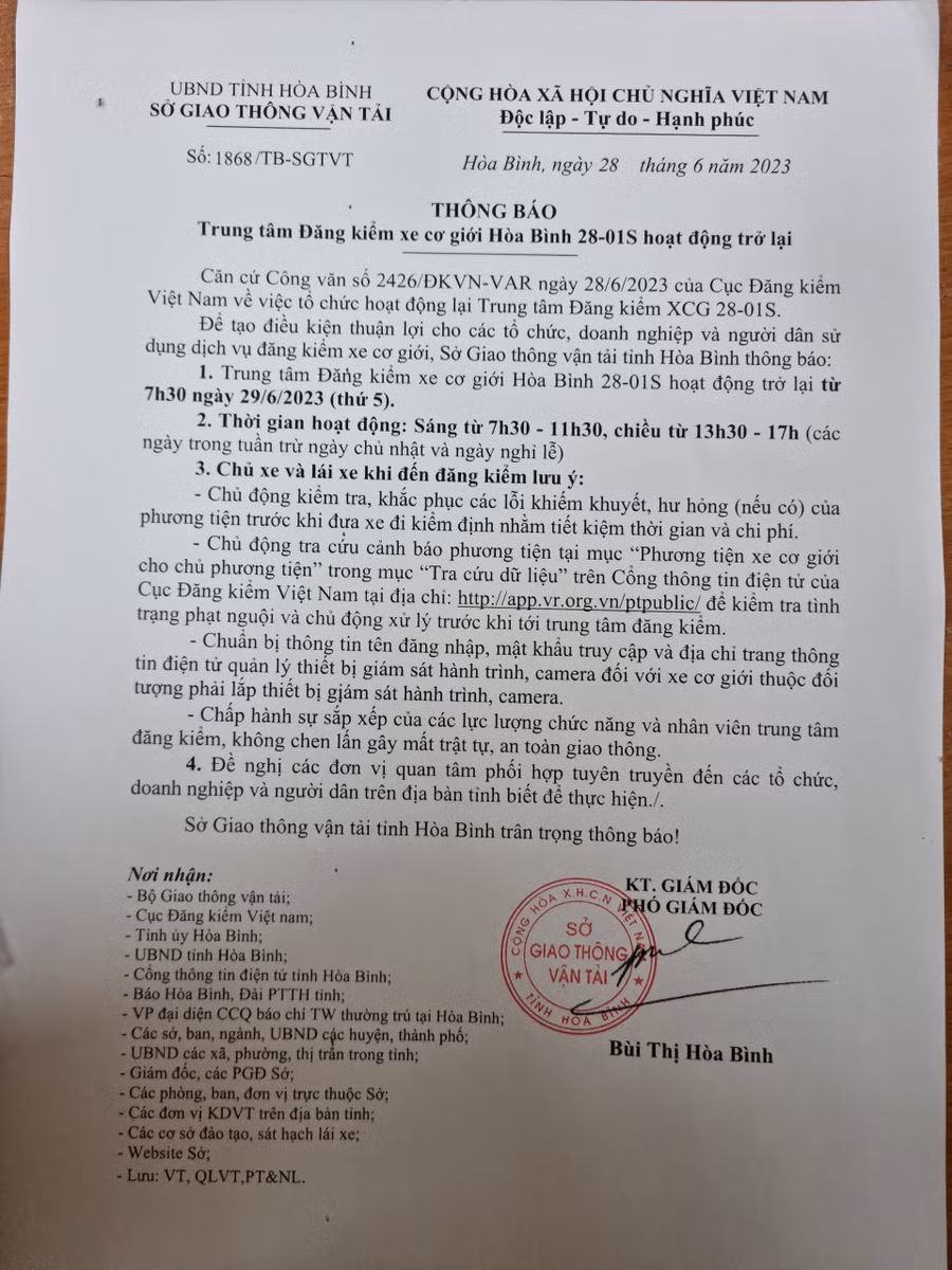 Văn bản thông báo Trung tâm đăng kiểm hoạt động trở lại. Văn bản thông báo Trung tâm đăng kiểm hoạt động trở lại.