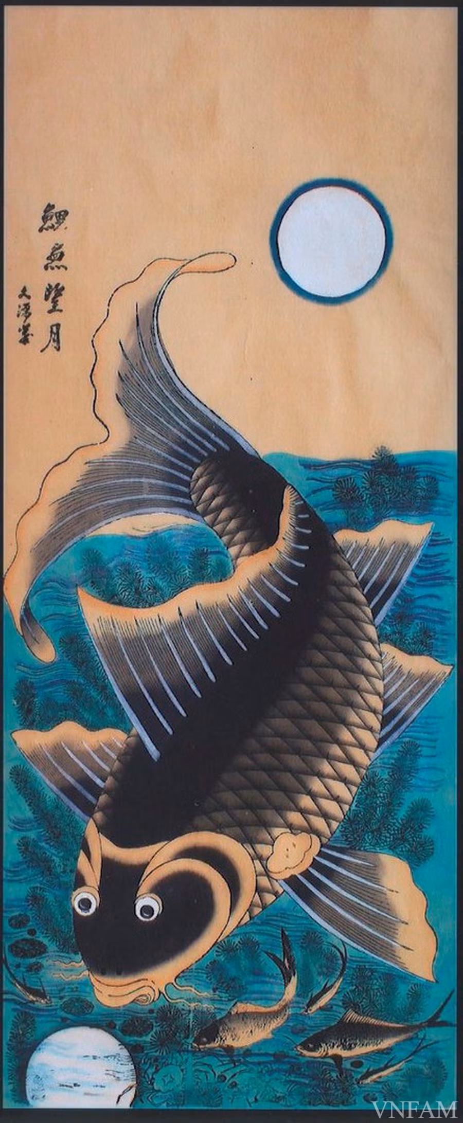 'Lý ngư vọng nguyệt' - Tranh Hàng Trống. 'Lý ngư vọng nguyệt' - Tranh Hàng Trống.