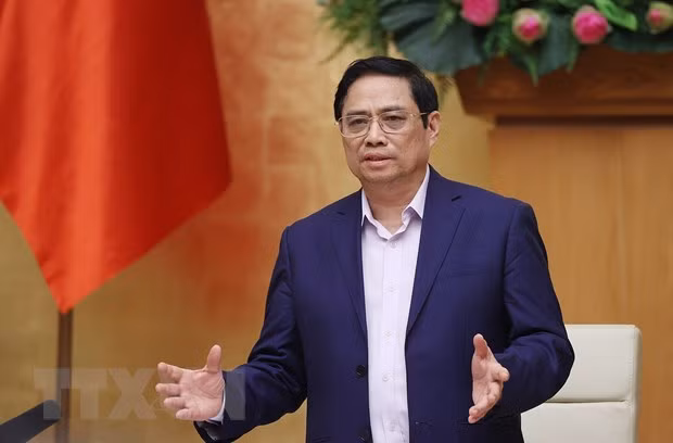 Thủ tướng Phạm Minh Chính kết luận cuộc họp Ban chỉ đạo quốc gia phòng, chống dịch COVID-19 với các tỉnh, thành phố. (Ảnh: Dương Giang/TTXVN).