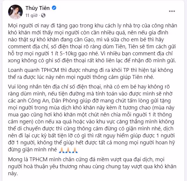 Bài chia sẻ của Thủy Tiên ngay lập tức thu hút rất đông người hâm mộ.