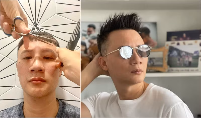 Hình ảnh nam ca sĩ Hoàng Bách trước và sau khi được vợ cắt tóc cho.