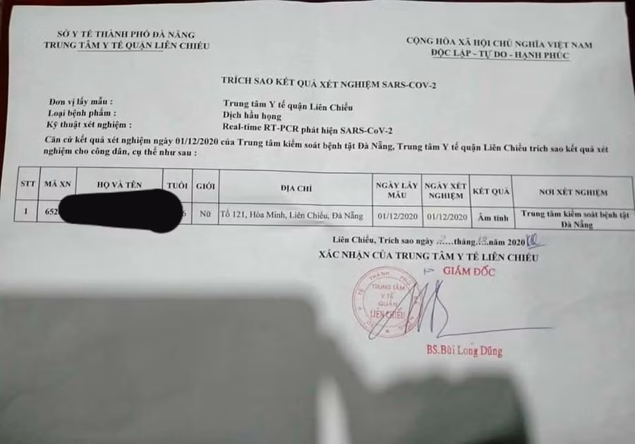 Văn bản gốc kết quả xét nghiệm SARS-CoV-2.