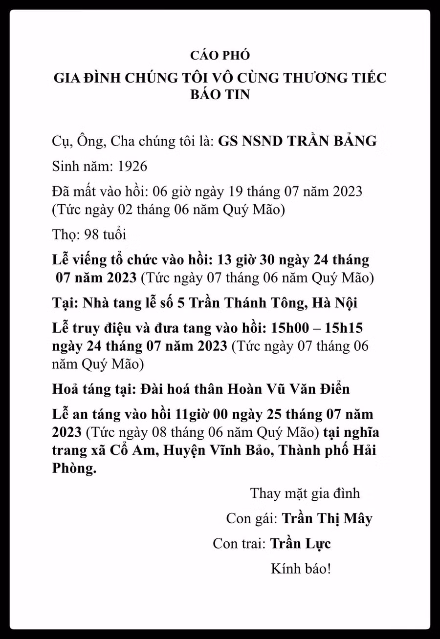 Thông tin tang lễ của GS. NSND Trần Bảng.