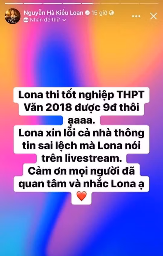 Á hậu Kiều Loan lên tiếng đính chính về điểm số thi môn Văn của mình.