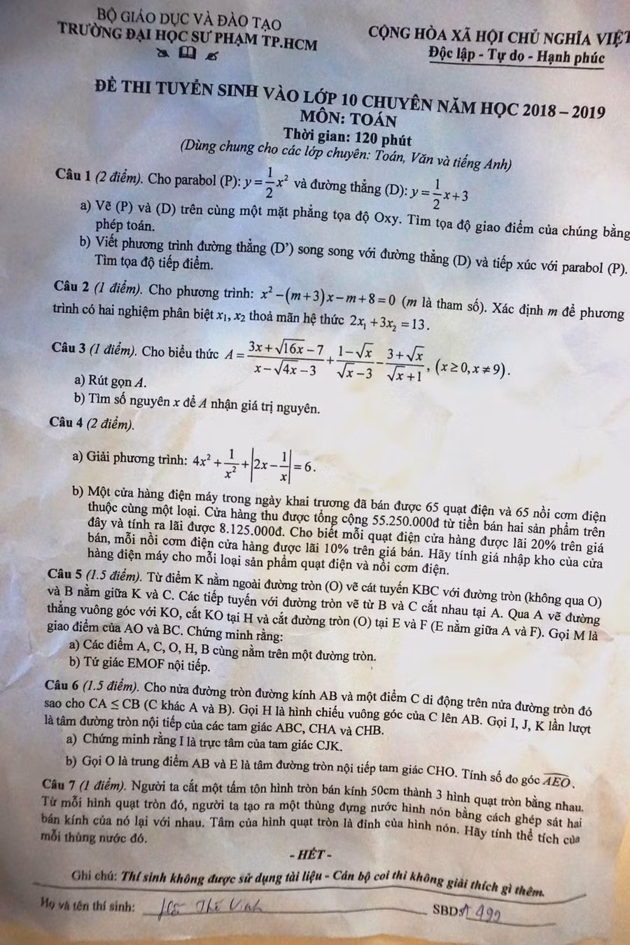 Đề thi môn Toán