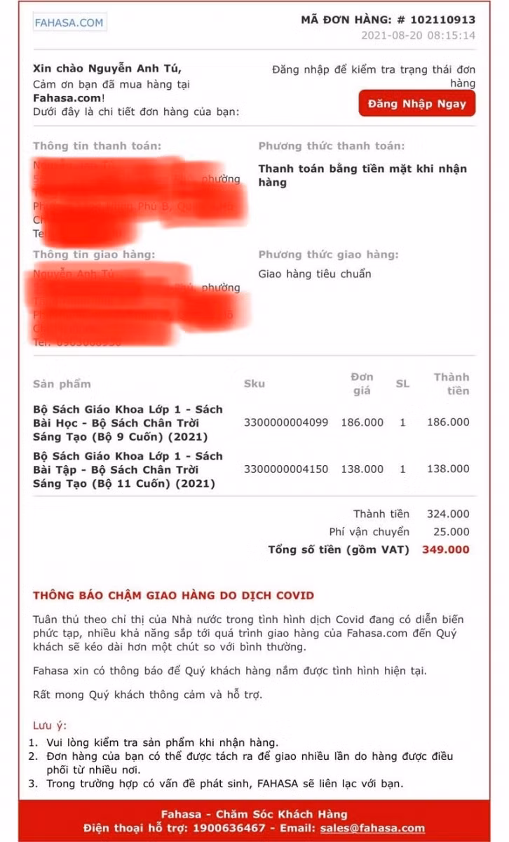 Một phụ huynh may mắn đặt được bộ SGK lớp 1 tại Fahasa tuy nhiên khi nào được nhận sách thì chưa biết.