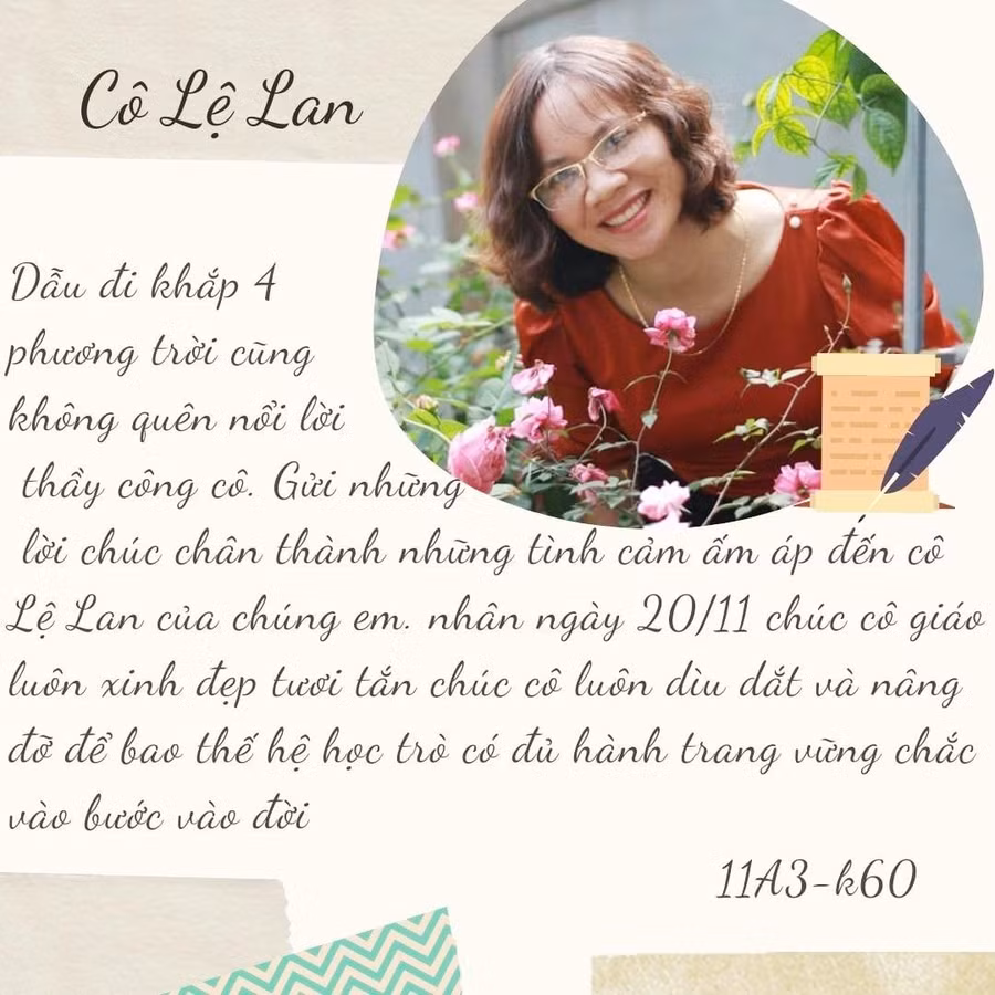 Những tình cảm mà học sinh dành cho cô Nguyễn Lệ Lan được trân trọng ghi trong thiệp chúc mừng tự thiết kế.