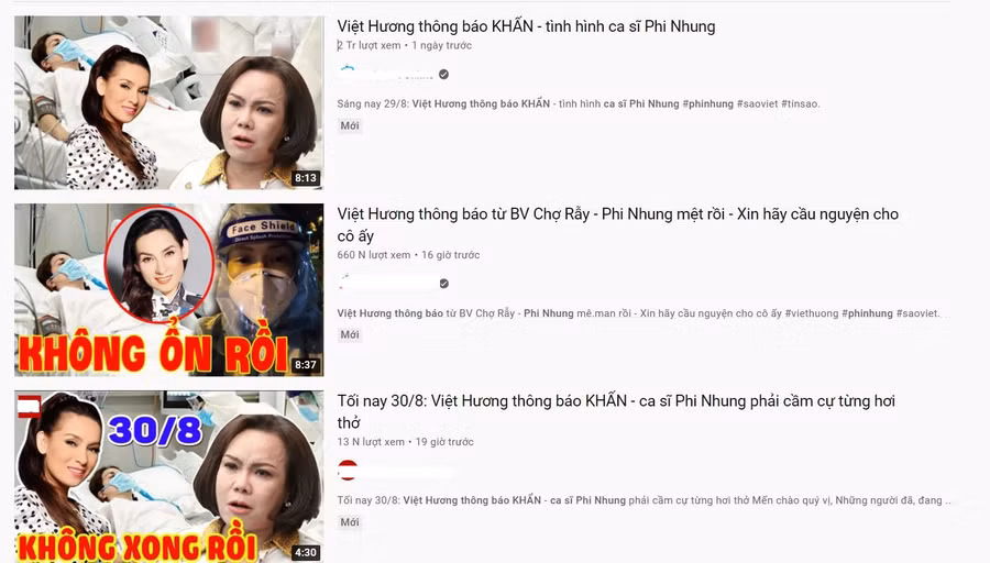 Trên Youtube xuất hiện những clip chia sẻ về tình hình sức khỏe của nữ ca sĩ Phi Nhung. (Ảnh: chụp màn hình).