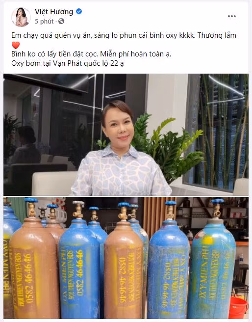 Việt Hương khẳng định bình oxy không lấy tiền đặt cọc. Miễn phí hoàn toàn, bơm tại Vạn Phát quốc lộ 22.