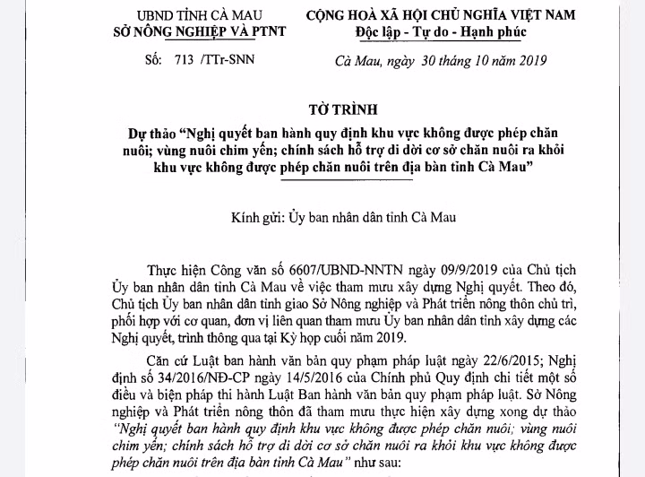 Dự thảo “Nghị quyết ban hành quy định khu vực không được phép chăn nuôi; vùng nuôi chim yến; chính sách hỗ trợ di dời cơ sở chăn nuôi ra khỏi khu vực không được phép chăn nuôi trên địa bàn tỉnh Cà Mau” . Dự thảo “Nghị quyết ban hành quy định khu vực không được phép chăn nuôi; vùng nuôi chim yến; chính sách hỗ trợ di dời cơ sở chăn nuôi ra khỏi khu vực không được phép chăn nuôi trên địa bàn tỉnh Cà Mau” .