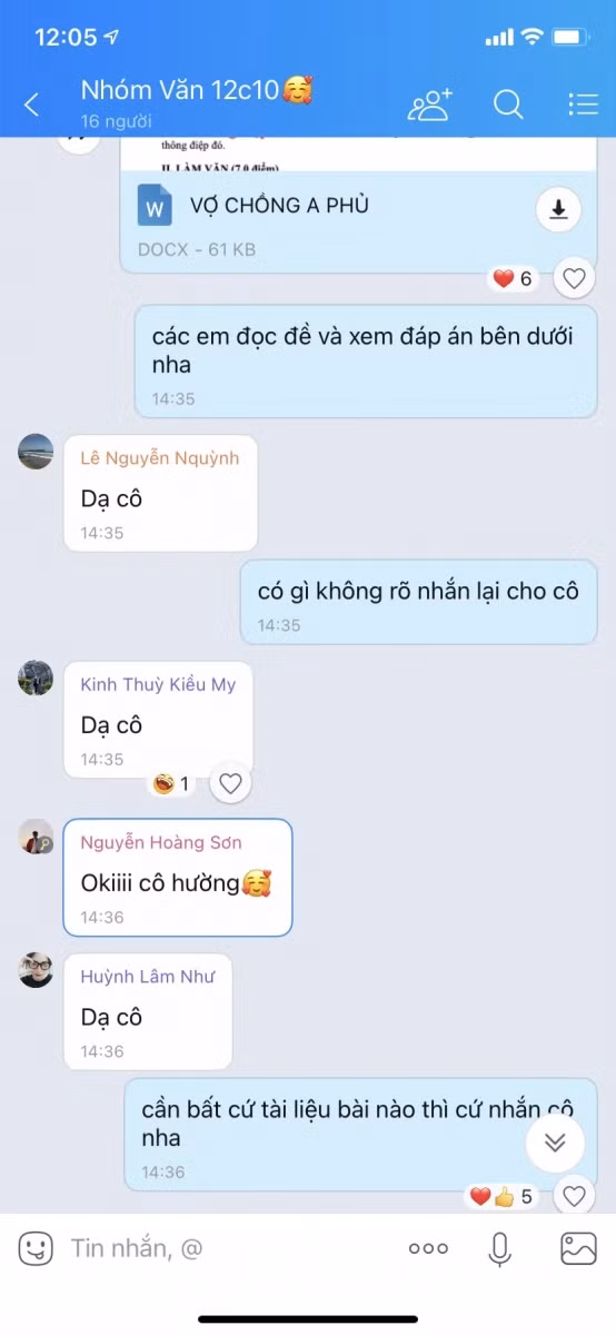 Cô giáo Nguyễn Thị Thu Hường – GV Ngữ văn Trường THPT số 2 Đức Phổ dặn dò HS: Cần bất cứ tài liệu bài nào thì cứ nhắn cô!