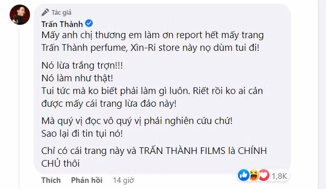 Trấn Thành bất lực kêu cứu vì bị lợi dụng hình ảnh để bán nước hoa giả mạo.