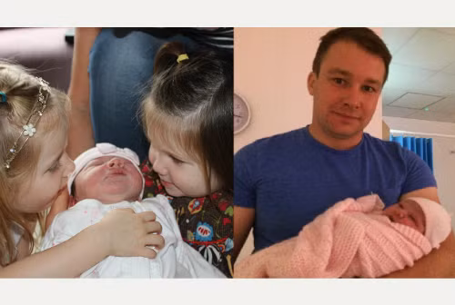 Bé Hetty bên hai chị gái Bonnie 3 tuổi và Heidi, hơn một tuổi, cùng với bố Aaron. Ảnh: Bristolpost. be-gai-tung-chao-doi-tren-duong-29-nam-sau-lai-sinh-con-tren-xe