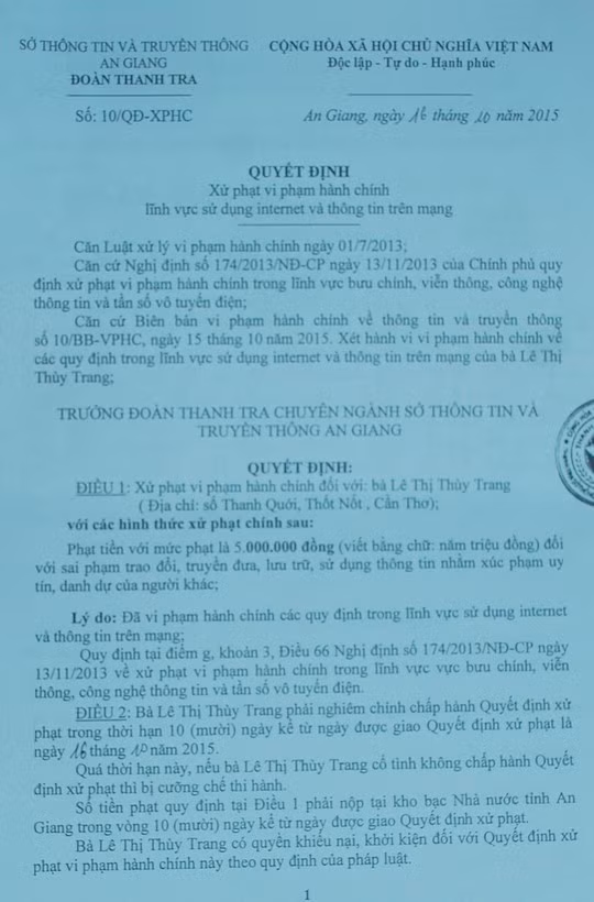 Quyết định xử phạt hành chính đối với bà Trang.