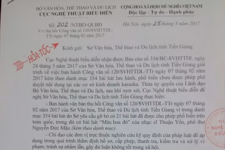 Tiền Giang phải xử lý vụ cấm bài hát Màu hoa đỏ trước ngày 27/3