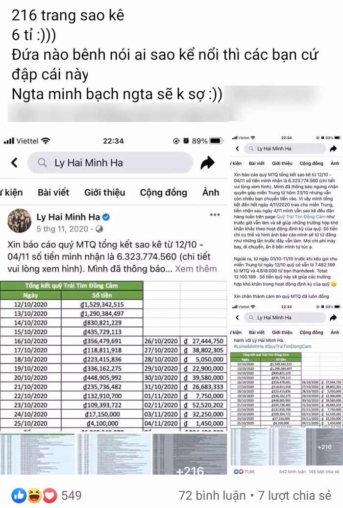 Vợ chồng Lý Hải - Minh Hà công khai sao kê chi tiết số tiền 6 tỷ đồng ủng hộ, giúp đỡ đồng bào miền Trung.