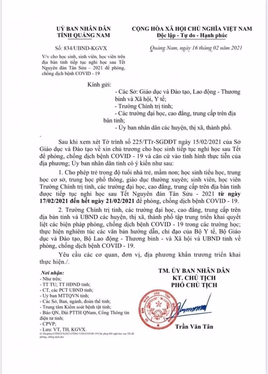 Theo công văn của UBND tỉnh Quảng Nam, từ ngày mai, 22/2, HS đến trường trở lại