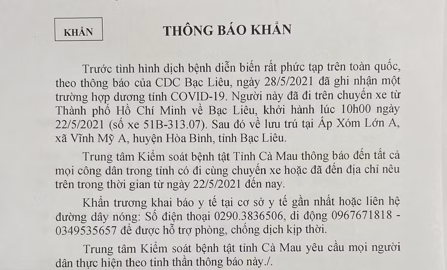 Thông báo khẩn của Trung tâm Kiểm soát bệnh tật tỉnh Cà Mau.