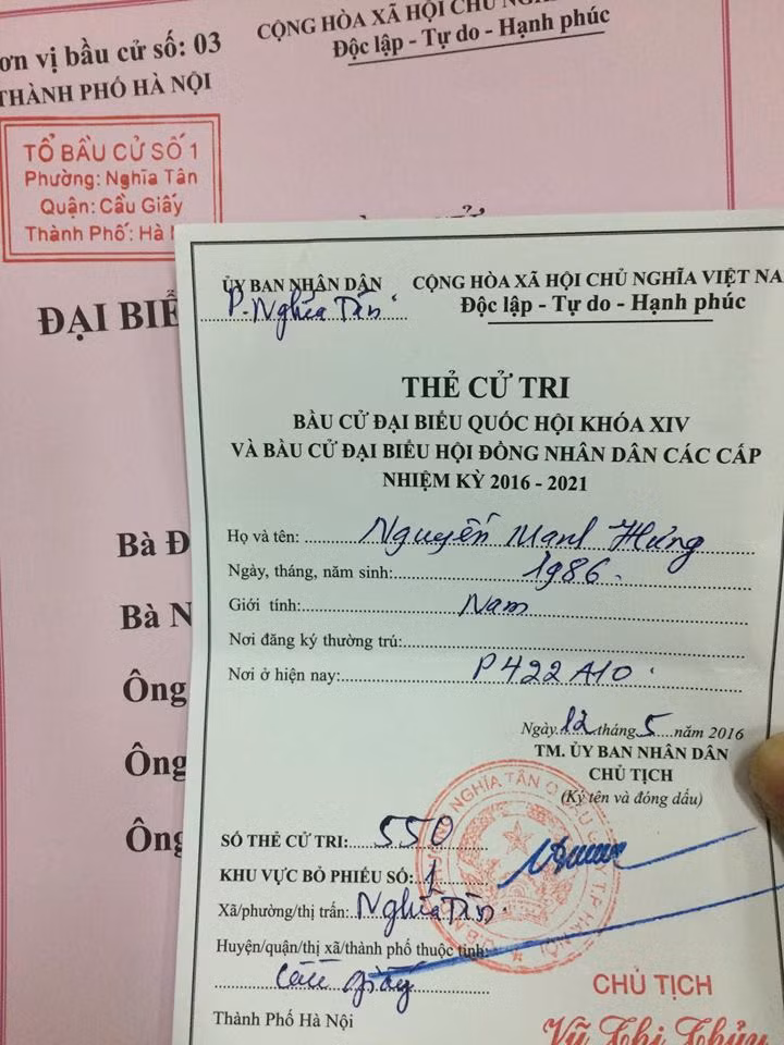 Thẻ cử tri của diễn viên Nguyễn Mạnh Hưng, anh chàng điển trai tham gia nhiều vai diễn trên phim truyền hình.