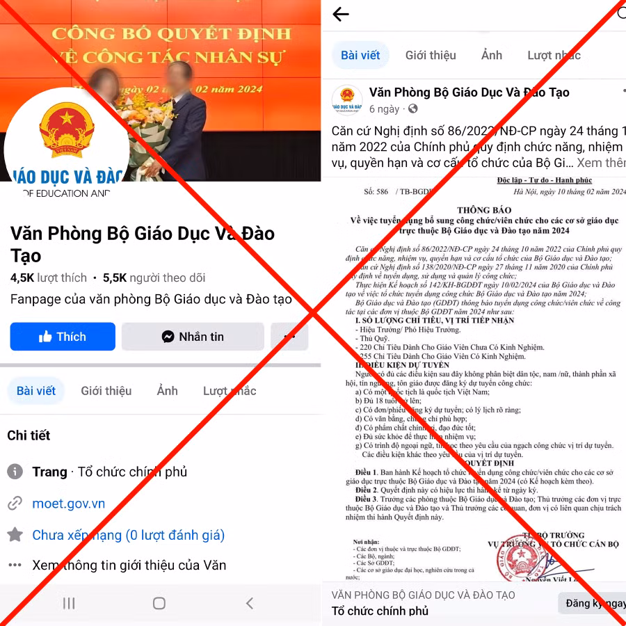Hình ảnh một trang thông tin mạo danh các đơn vị của Bộ GD&amp;ĐT để cung cấp thông tin, trong đó đăng tải nhiều hình ảnh, bài viết có nội dung phương thức, thủ đoạn lừa đảo chiếm đoạt tài sản.