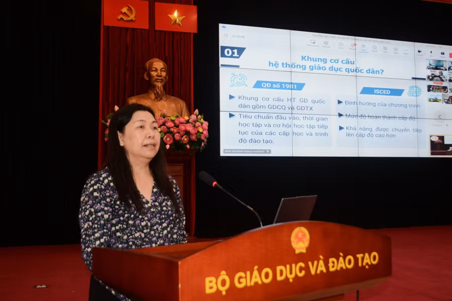 Bà Nguyễn Thị Thu Thủy, Phó Vụ trưởng Vụ Giáo dục Đại học phát biểu tại tọa đàm.