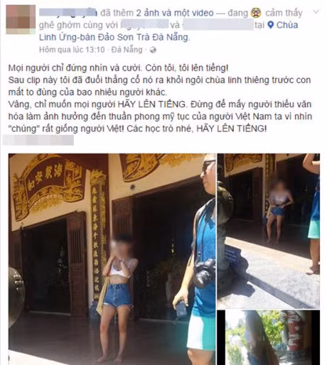 Co gai nguoi nuoc ngoai bi duoi ra khoi chua Linh Ung vi mac doc quan dui, ao lot - Anh 1