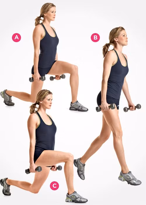 2. Dumbbell Chia Jump (Cầm tạ nhảy): (A): Cầm một cặp tạ để bên cạnh hông, lòng bàn tay hướng vào nhau. Đứng trong tư thế so le, chân trái để phía trước. Từ vị trí này, hạ thấp cơ thể tạo thành tư thế quỳ gối phải. (B): Nhanh chóng chuyển hướng và nhảy lên cao với lực vừa đủ để đẩy cả hai chân lên khỏi sàn. (C): Lặp lại động tác, luôn phiên qua lại giữa hai chân. 2. Dumbbell Chia Jump (): (A): Cầm một cặp tạ để bên cạnh hông, lòng bàn tay hướng vào nhau. Đứng trong tư thế so le, chân trái để phía trước. Từ vị trí này, hạ thấp cơ thể tạo thành tư thế quỳ gối phải. (B): Nhanh chóng chuyển hướng và nhảy lên cao với lực vừa đủ để đẩy cả hai chân lên khỏi sàn. (C): Lặp lại động tác, luôn phiên qua lại giữa hai chân.