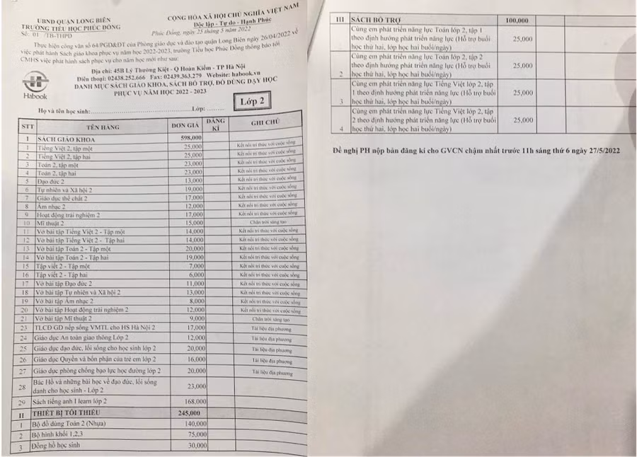 Danh mục sách giáo khoa lớp 2 của Trường Tiểu học Phúc Đồng, Hà Nội. Ảnh: PHCC Danh mục sách giáo khoa lớp 2 của Trường Tiểu học Phúc Đồng, Hà Nội. Ảnh: PHCC