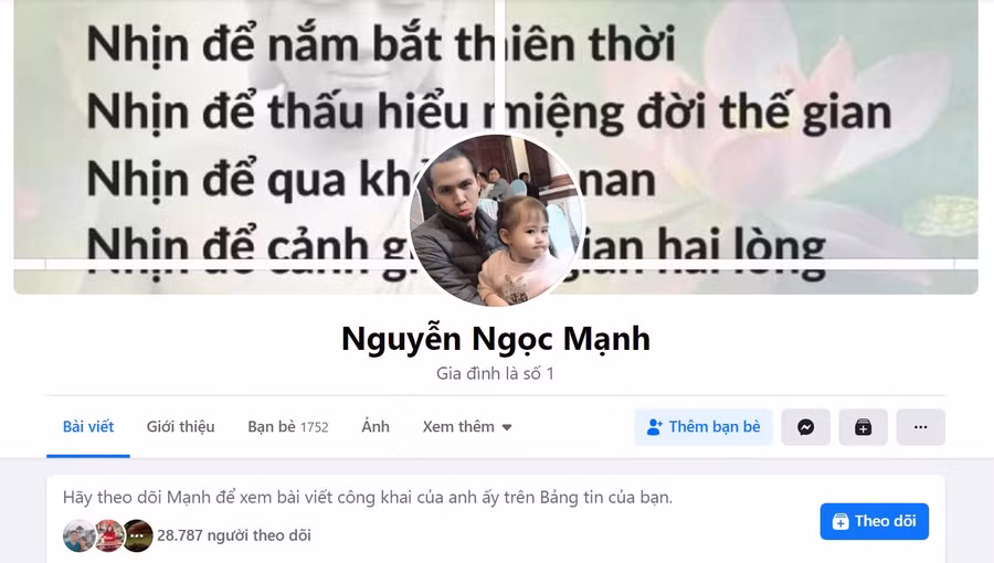 Hiện tại, facebook của anh Nguyễn Ngọc Mạnh đã hoạt động trở lại, với hơn 28 nghìn người theo dõi.