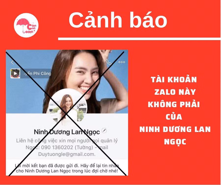 Ninh Dương Lan Ngọc bị kẻ xấu lập tài khoản Zalo mạo danh để lừa đảo.