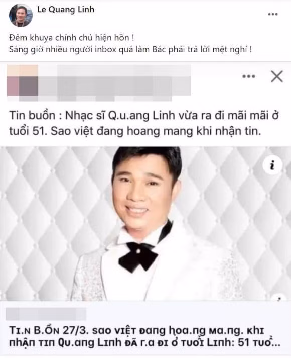 Ca sĩ Quang Linh lên tiếng về tin đồn qua đời.