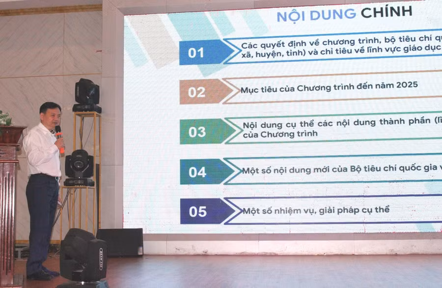 Phó Vụ trưởng Vụ Cơ sở vật chất Phạm Văn Sinh trình bày nội dung Chương trình mục tiêu quốc gia xây dựng nông thôn mới tại hội thảo.