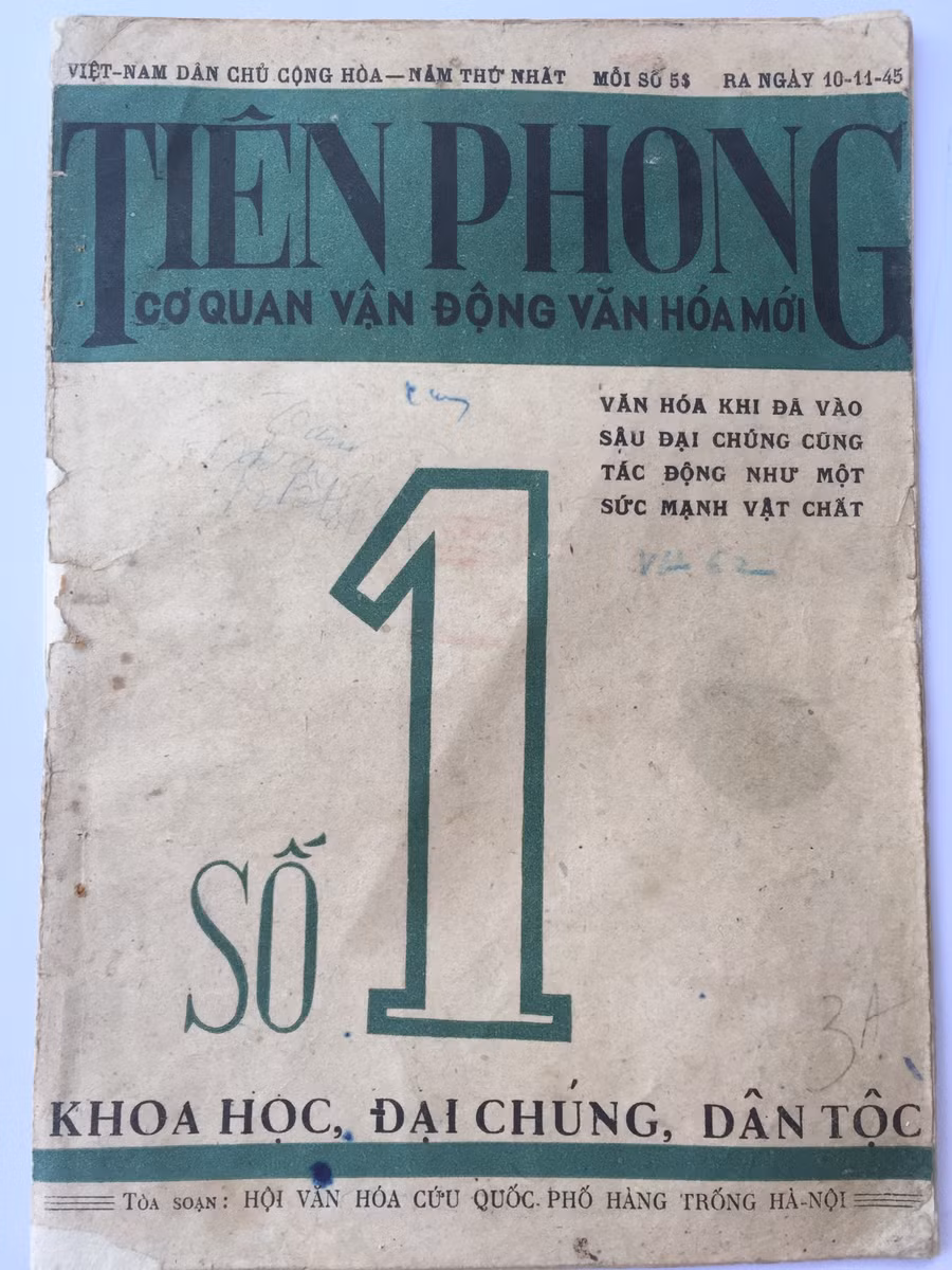 Tạp chí Tiên Phong Cơ quan vận động Văn hóa Mới thuộc Hội Văn hóa Cứu quốc Việt Nam xuất bản, số 1 ra ngày 10-11-1945 đăng toàn văn Đề cương về văn hóa Việt Nam Tạp chí Tiên Phong Cơ quan vận động Văn hóa Mới thuộc Hội Văn hóa Cứu quốc Việt Nam xuất bản, số 1 ra ngày 10-11-1945 đăng toàn văn Đề cương về văn hóa Việt Nam