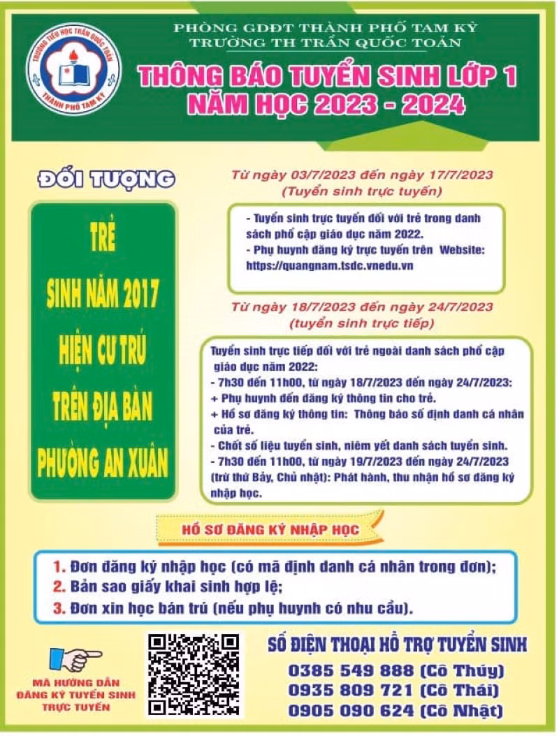 Trong thông báo tuyển sinh đầu cấp của các trường học trên địa bàn TP Tam Kỳ đều có mã QR và số điện thoại hỗ trợ phụ huynh nộp hồ sơ trực tuyến. Trong thông báo tuyển sinh đầu cấp của các trường học trên địa bàn TP Tam Kỳ đều có mã QR và số điện thoại hỗ trợ phụ huynh nộp hồ sơ trực tuyến.