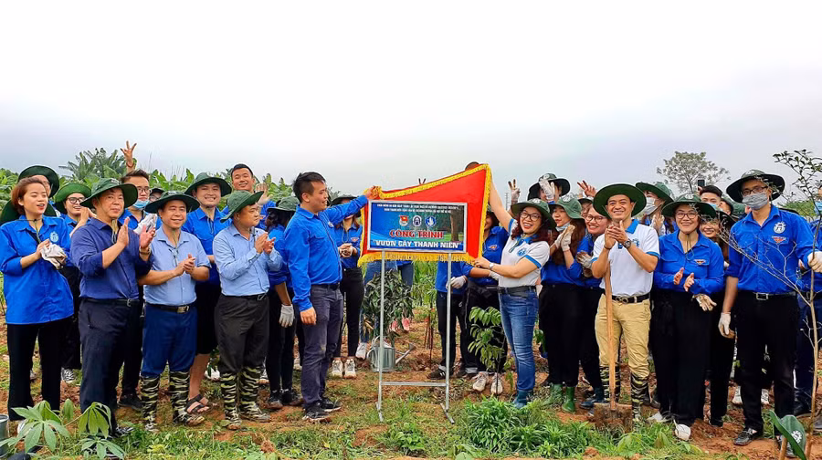 ThS Lê Mạnh Hùng và đoàn viên thanh niên thực hiện công trình “Vườn cây thanh niên”. Ảnh: NVCC